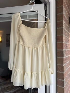 Aritzia Cream Smocked Off-Shoulder Mini Dress